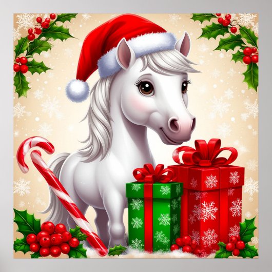 カートゥーン馬サンタ帽子クリスマスギフト休日 ポスター (正面)