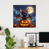 カートゥーン コウモリ かぼちゃ 満月 ハロウィン ポスター (ホームオフィス)