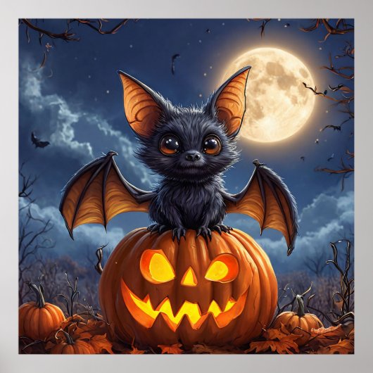 カートゥーン コウモリ かぼちゃ 満月 ハロウィン ポスター (正面)