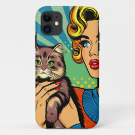 カートゥーン コミック ポップアート 女性と猫のカスタムデザイン iPhone 11 ケース