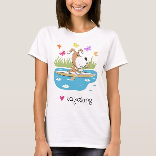 カートゥーン 楽しい 犬 カヤック 水上スポーツ 女性 Tシャツ (正面)
