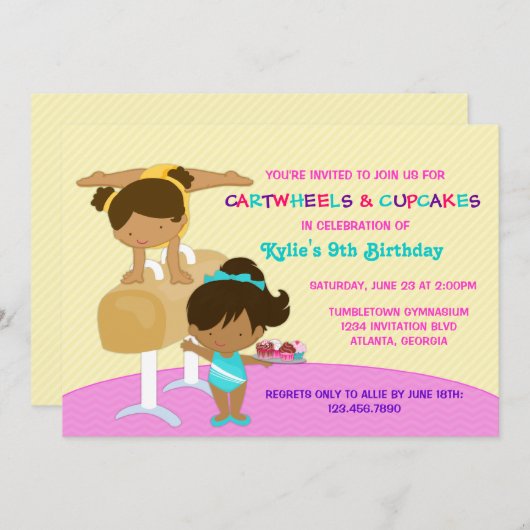 カートホイールとカップケーキの体操誕生パーティー 招待状 (正面/裏面)