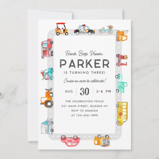 カートラック通りキッズトランスポート誕生日 招待状 (正面)