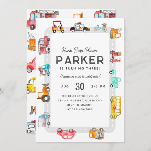 カートラック通りキッズトランスポート誕生日 招待状 (正面/裏面)