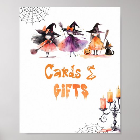 カードとギフトかわいいハロウィーンウィッチ誕生日 ポスター (正面)