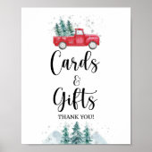 カードとギフトが冬の赤いクリスマスツリーのトラックに署名 ポスター (正面)