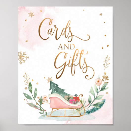 カードとギフトそり冬の女の子の誕生日のサイン ポスター (正面)