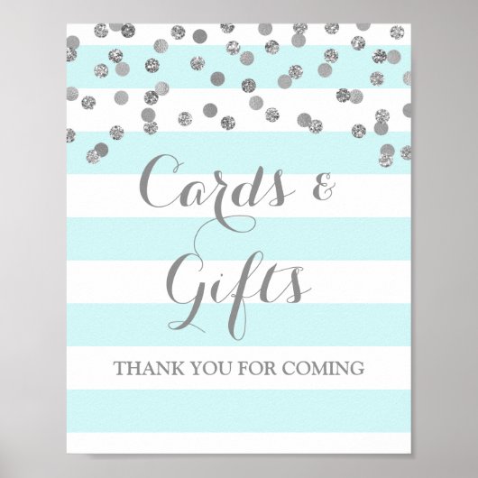 カードとギフトのサイン 青いストライプ シルバー コンフェッティ ポスター (正面)