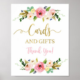 カードとギフトのピンクと金ゴールドのフローラ記号 ポスター
