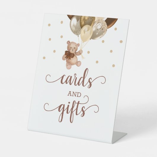 カードとギフトテディベアブラウン金ゴールドバルーン 台座サイン (正面)