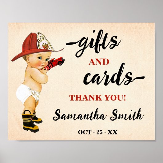 カードとギフト小さな消防士の赤ちゃんシャワー ポスター (正面)
