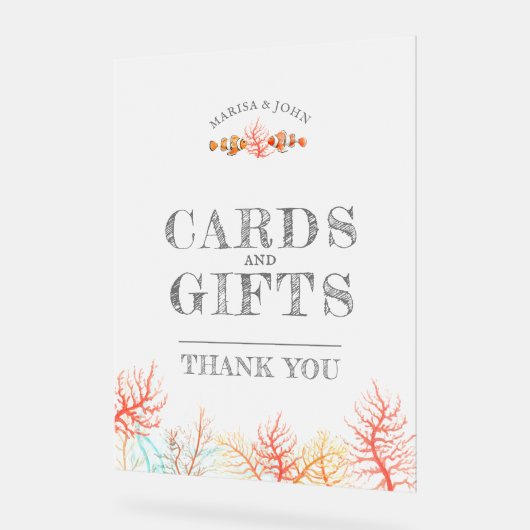 カードとギフト珊瑚と魚の結婚水色 アクリルサイン (傾斜)