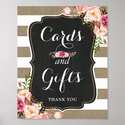 カードとギフト素朴Burlapフローラの結婚サイン ポスター (正面)