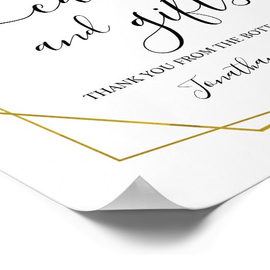 カードとギフト結婚式のレセプションの緑の金ゴールドの看板 ポスター (角)