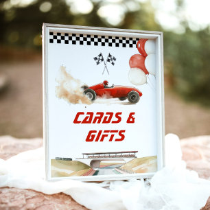 カードとギフト赤いレースカー誕生日パーティー ポスター
