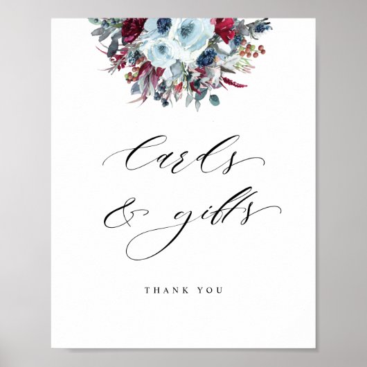 カードとギフト青Burgundyと赤のフローラのサイン ポスター (正面)