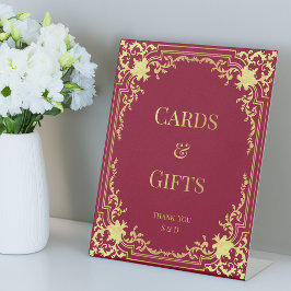 カードとギフト ワインレッド 偽金 ヴィンテージ ウェディング 台座サイン