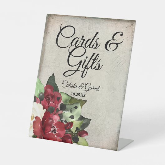 カードとギフト |濃い赤のフローラゴシック結婚の 台座サイン (正面)