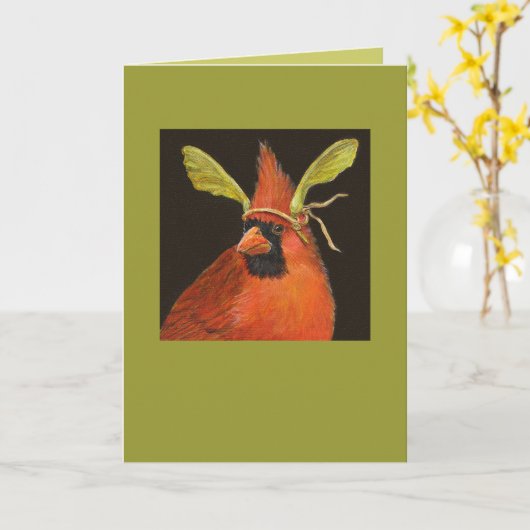 カードにカエデの種の帽子を付けた(鳥)ショウジョウコウカンチョウ カード (黄色い花)