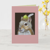 カードにコーンとフェザーハットを付けたリス カード (黄色い花)