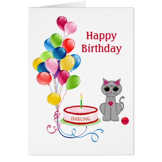 カードの上の誕生日の猫、ケーキ、色とりどりの風船 (正面)