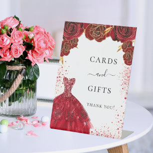 カードは赤い白いドレスの花を贈るパーティー 台座サイン