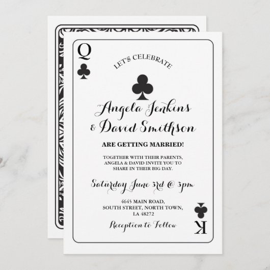 カードエースの黒を遊んでいるClubs Queen結婚式王 招待状 (正面/裏面)