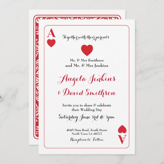 カードパーティーの招待を遊ぶハートの結婚式のエース 招待状 (正面/裏面)