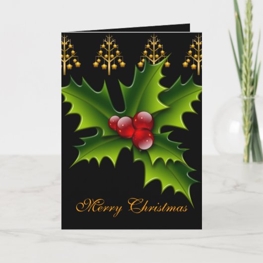 カードメリークリスマスグリーンブラックレッドホリークリスマス シーズンカード (正面)