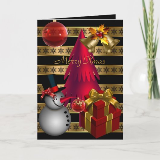 カードメリークリスマスレッドブラック金ゴールドストライプクリスマス シーズンカード (正面)