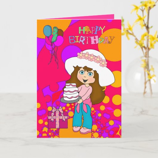 カード子供の女の子のハッピーバースデーの女の子のケーキの気球 カード (黄色い花)