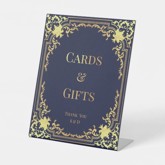 カード&ギフトネイビーブルーフェイク金ゴールドヴィンテージウェディング 台座サイン (正面)