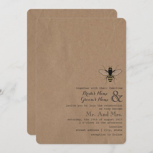 カード・ストック刺激を受けたな蜂蜜の蜂の結婚式 招待状 (正面/裏面)