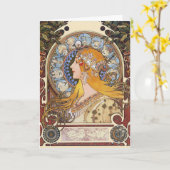 カード: ミュシャ- (占星術の)十二宮図- Laの羽毛 カード (黄色い花)