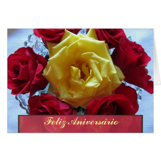 カード- Feliz Aniversário - Rosas Amarillas yロハス (正面横)