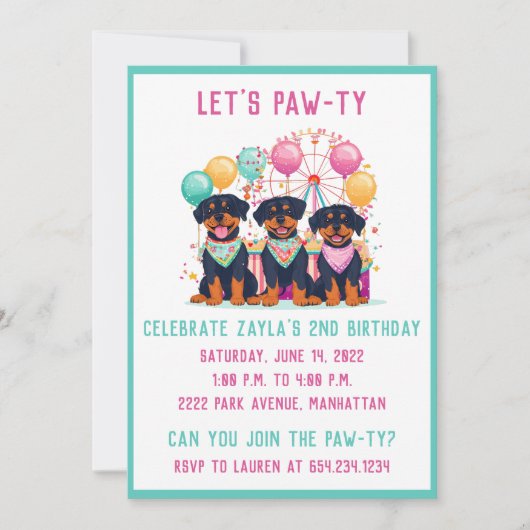 カーニバルで誕生日のロットワイラー犬 招待状 (正面)