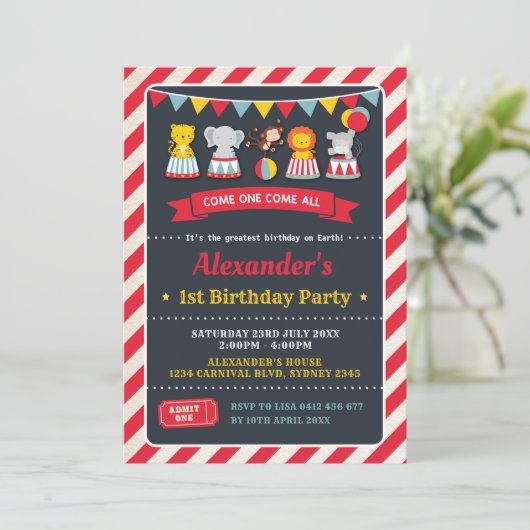 カーニバルのサーカスの動物の誕生日の黒板の招待 招待状 (スタンド正面)