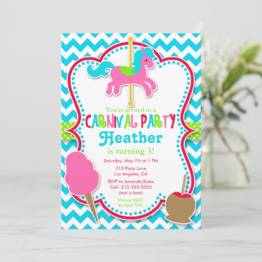カーニバルのパーティーの回転木馬の馬の誕生日の招待状 招待状 (スタンド正面)