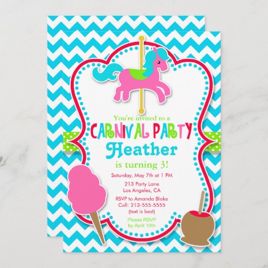 カーニバルのパーティーの回転木馬の馬の誕生日の招待状 招待状 (正面/裏面)