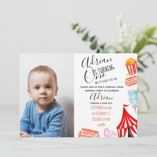 カーニバルの写真の招待のかわいいサーカスの誕生会 招待状 (スタンド正面)