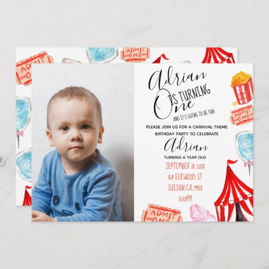カーニバルの写真の招待のかわいいサーカスの誕生会 招待状 (正面/裏面)