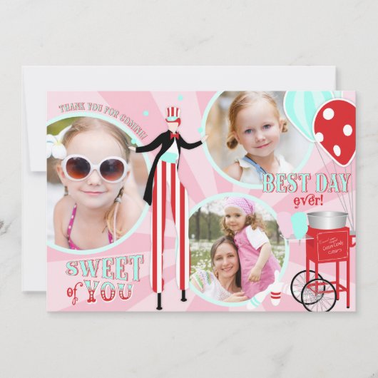 カーニバルの支柱の歩行者の綿菓子は感謝していしています サンキューカード (正面)