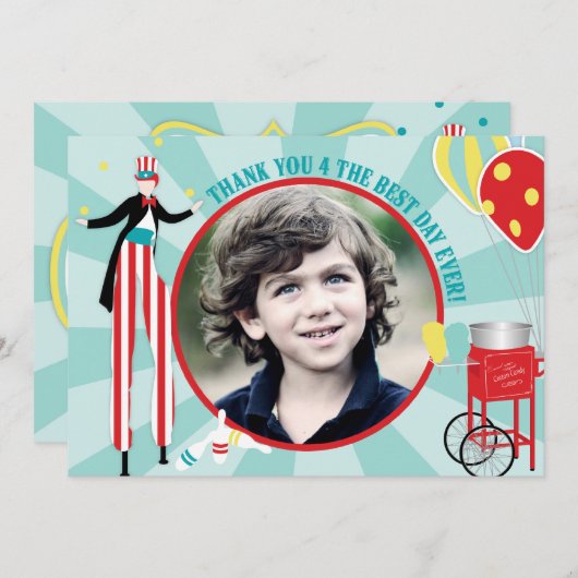 カーニバルの支柱の歩行者の綿菓子は感謝していしています サンキューカード (正面/裏面)