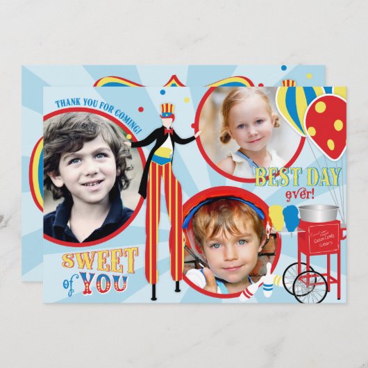 カーニバルの支柱の歩行者の綿菓子は感謝していしています サンキューカード (正面/裏面)