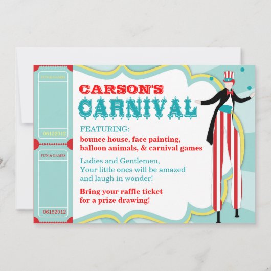 カーニバルの支柱の歩行者及び綿菓子の誕生日 招待状 (裏面)