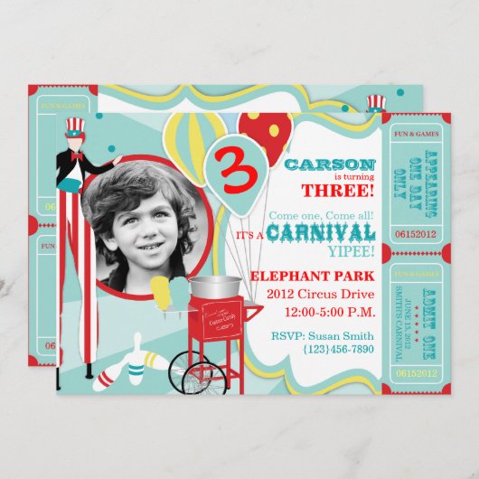 カーニバルの支柱の歩行者及び綿菓子の誕生日 招待状 (正面/裏面)