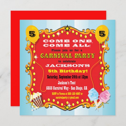 カーニバルの玄関ひさしのバースデーパーティ招待状 招待状 (正面/裏面)
