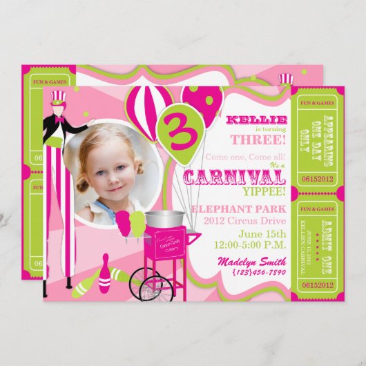 カーニバルの誕生日の招待状の支柱の歩行者 招待状 (正面/裏面)