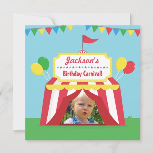 カーニバルをテーマにした子供の誕生日パーティーの写真 招待状 (正面)