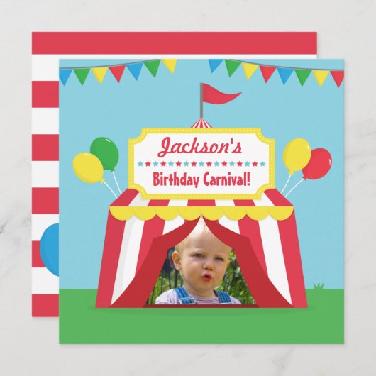 カーニバルをテーマにした子供の誕生日パーティー写真 招待状 (正面/裏面)